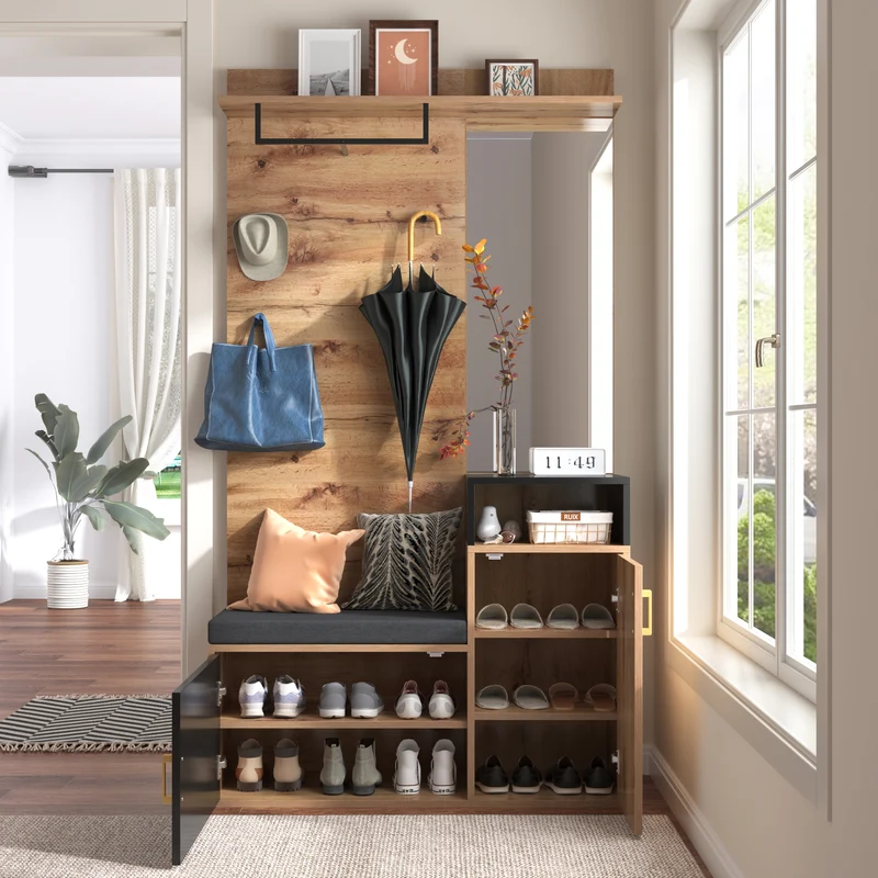 Vestiaire à l'entrée avec miroir, banc et meuble à chaussures, porte-manteau mural NAKS