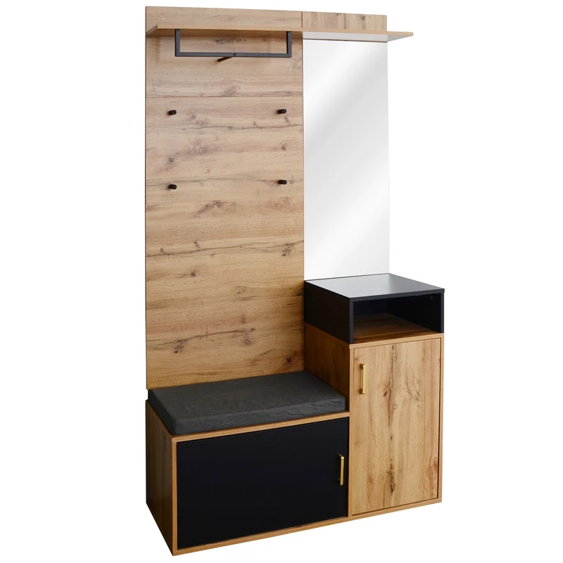 Vestiaire à l'entrée avec miroir, banc et meuble à chaussures, porte-manteau mural NAKS