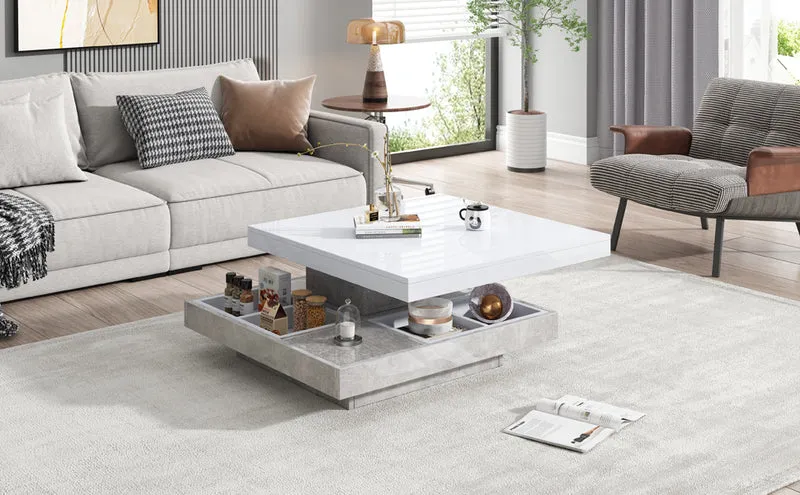 Table basse double plateau brillant pivotant à 360° en blanc et effet marbre grise clair 70*70cm ACHO