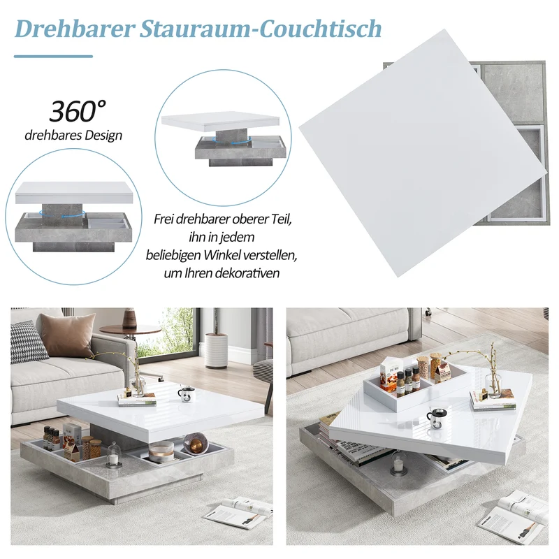 Table basse double plateau brillant pivotant à 360° en blanc et effet marbre grise clair 70*70cm ACHO