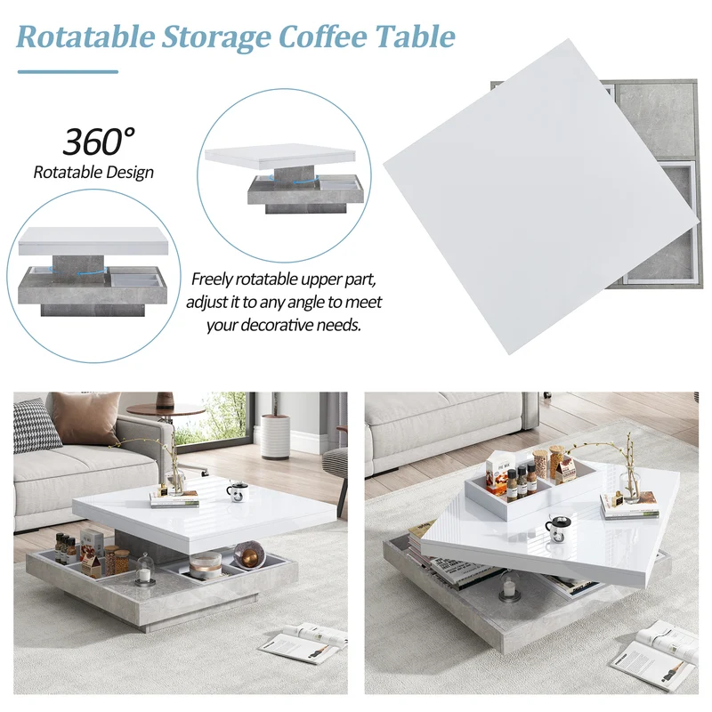 Table basse double plateau brillant pivotant à 360° en blanc et effet marbre grise clair 70*70cm ACHO