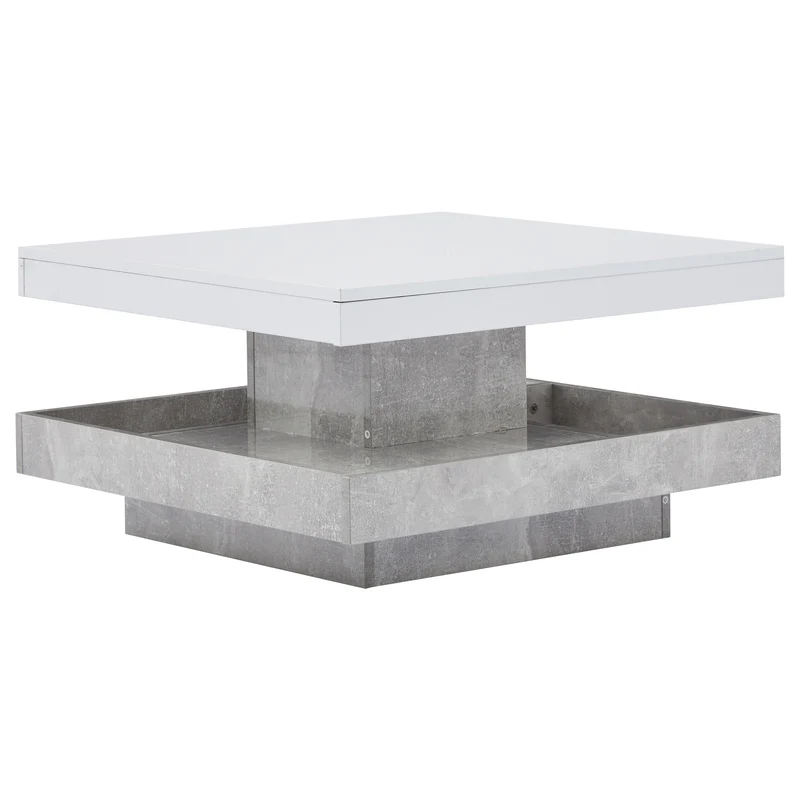 Table basse double plateau brillant pivotant à 360° en blanc et effet marbre grise clair 70*70cm ACHO