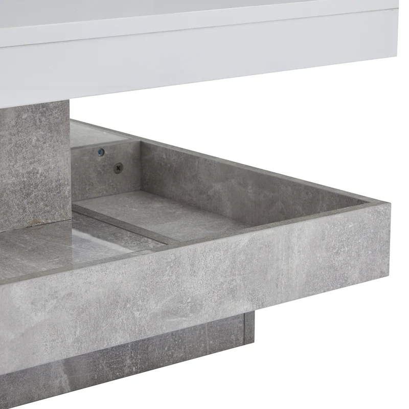 Table basse double plateau brillant pivotant à 360° en blanc et effet marbre grise clair 70*70cm ACHO