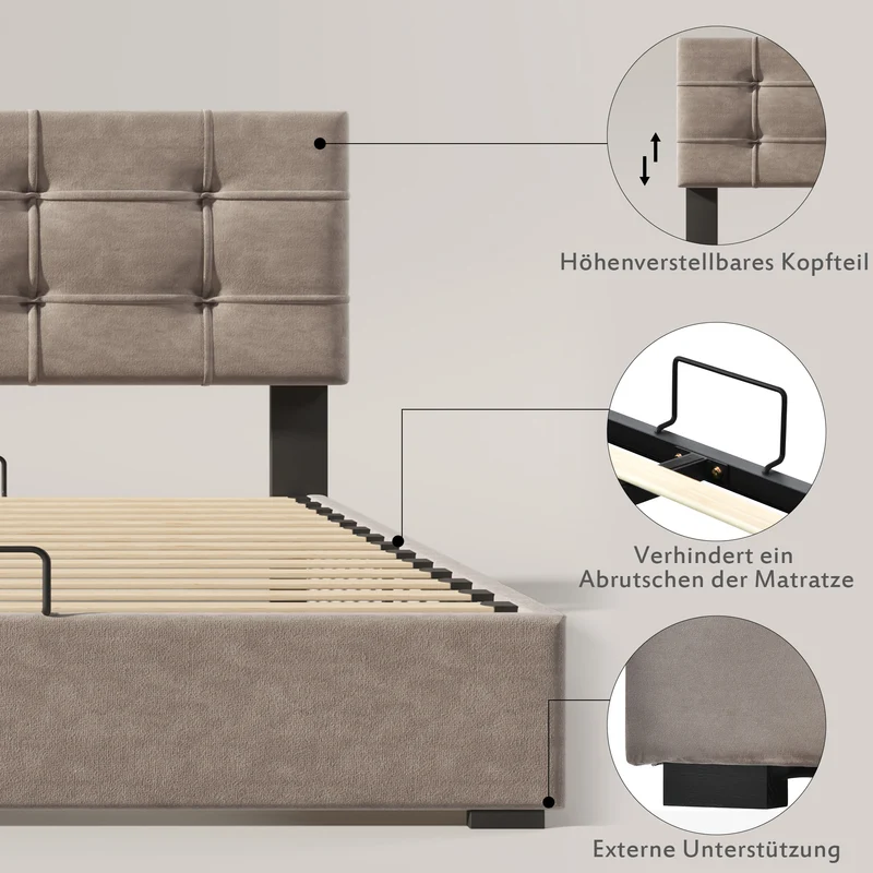 Lit coffre double tête de lit réglable, velours gris avec espace de rangement TEGZA