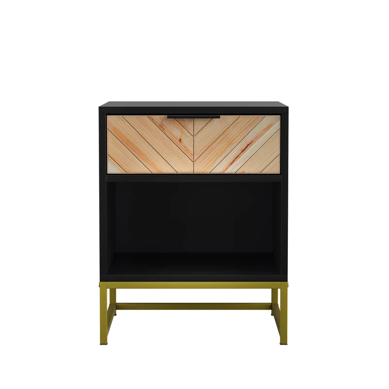 Table de chevet noir avec tiroir en bois à chevrons et pieds métalliques dorés FOCUSE