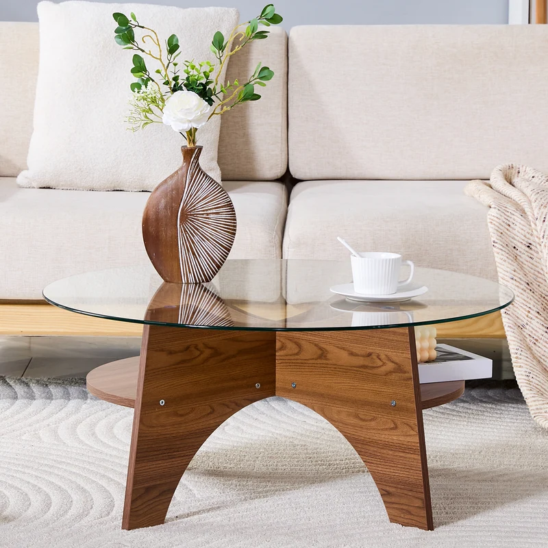 Table basse ronde en verre trempé pieds effet bois noyer Ø80 cm CLARITYEN