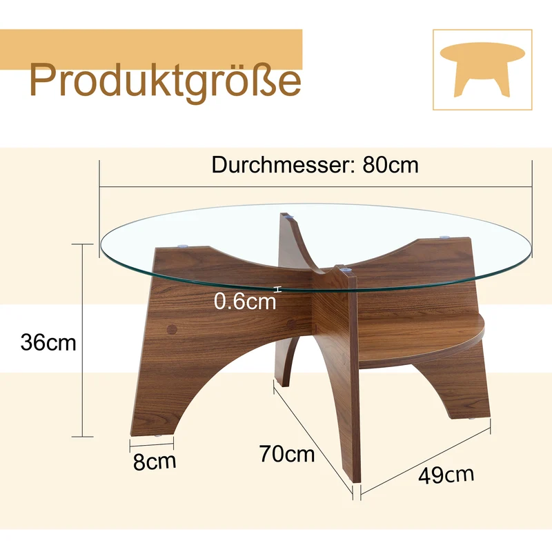 Table basse ronde en verre trempé pieds effet bois noyer Ø80 cm CLARITYEN