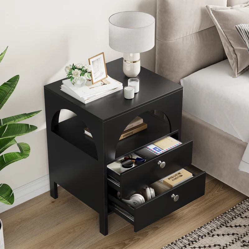 Table de chevet noir arqué niche et 2 tiroirs 45x40x58cm BREEZEE