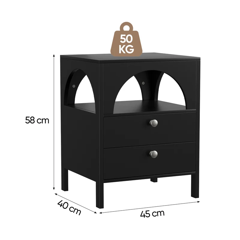 Table de chevet noir arqué niche et 2 tiroirs 45x40x58cm BREEZEE