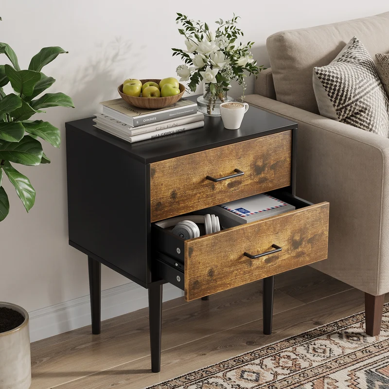 Table de chevet rétro noir et effet bois 2 tiroirs industrielle 51x38x66cm NOBLELSE