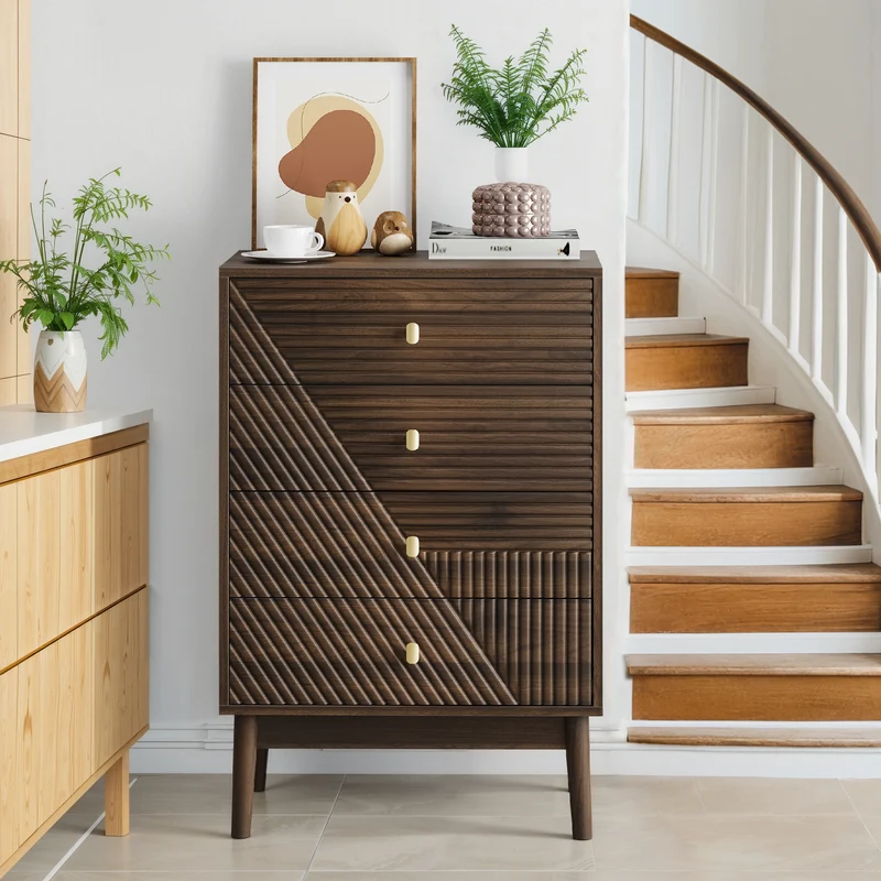 Commode scandinave 4 tiroirs effet bois noyer 4 tiroirs sculptées et pieds évasés 60x40x90cm NOBLEESIA
