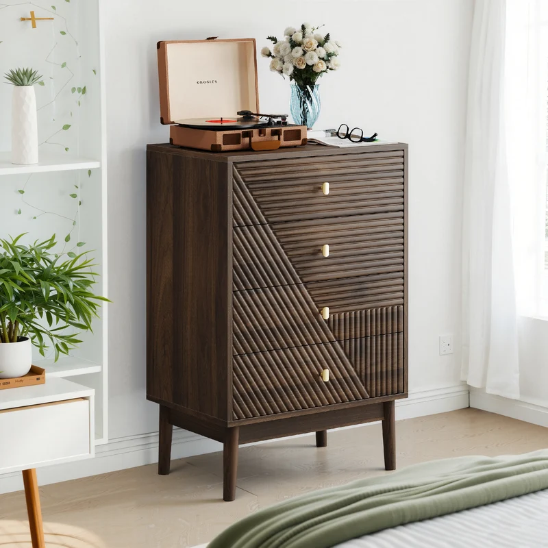 Commode scandinave 4 tiroirs effet bois noyer 4 tiroirs sculptées et pieds évasés 60x40x90cm NOBLEESIA