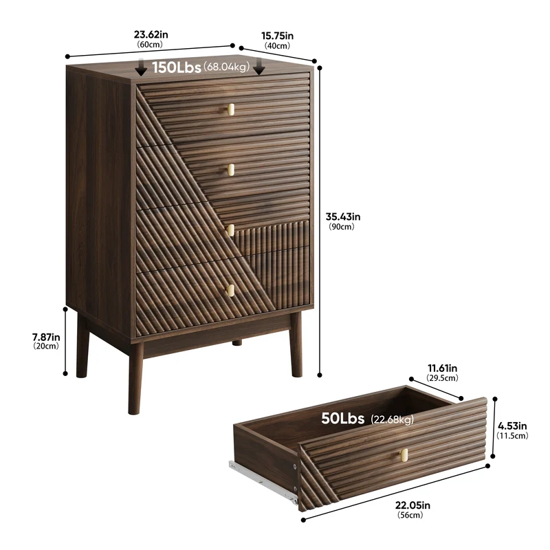 Commode scandinave 4 tiroirs effet bois noyer 4 tiroirs sculptées et pieds évasés 60x40x90cm NOBLEESIA
