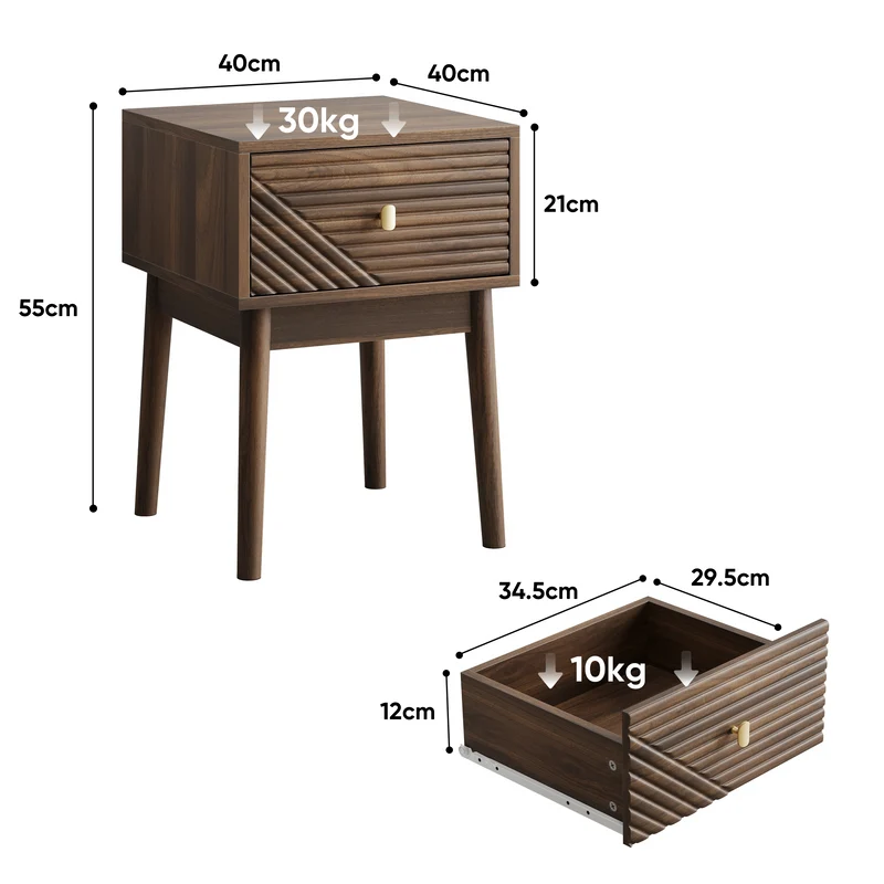 Lot de 2 tables de chevet effet noyer clair poignées métalliques dorés 40x40x55cm BREEZELAL