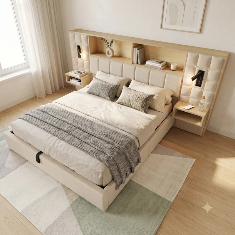 Lit coffre king en lin beige avec tables de chevet suspendues, lampes de lecture et ports USB 160x200cm MINIMALISTOTTOMANART