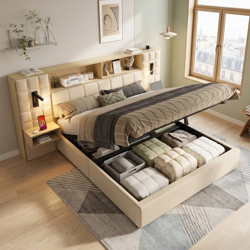 Lit coffre king en lin beige avec tables de chevet suspendues, lampes de lecture et ports USB 160x200cm MINIMALISTOTTOMANART