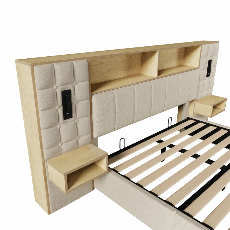 Lit coffre king en lin beige avec tables de chevet suspendues, lampes de lecture et ports USB 160x200cm MINIMALISTOTTOMANART