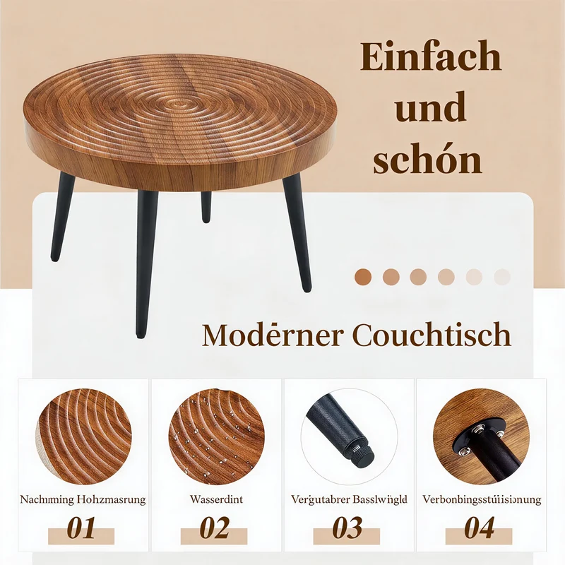 Table basse ronde Ø60 cm en noyer avec plateau texturé motif cernes d'arbre MINIMALISTCEILINGSET