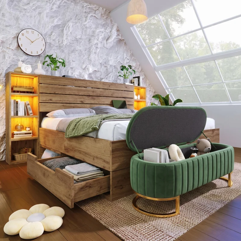 Lit double effet bois, tête de lit LED & USB et banc coffre velours vert 160x200cm RIFTZYNTHYNOR+IESSAES QUEEN