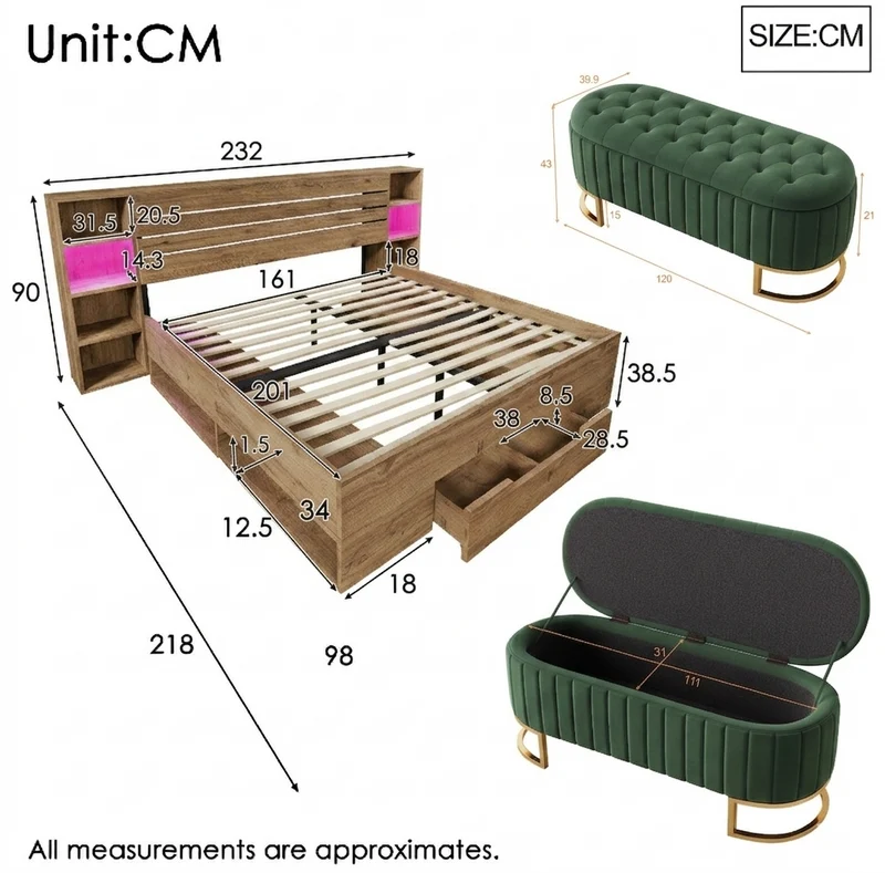 Lit double effet bois, tête de lit LED & USB et banc coffre velours vert 160x200cm RIFTZYNTHYNOR+IESSAES QUEEN