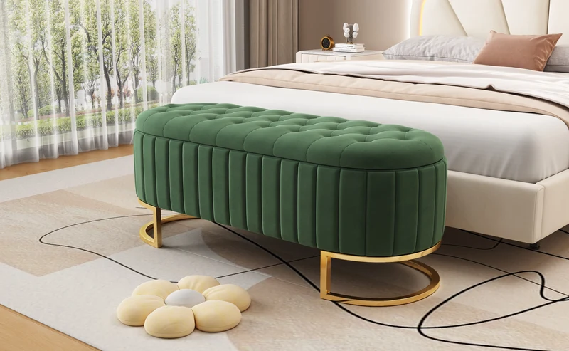 Lit double effet bois, tête de lit LED & USB et banc coffre velours vert 160x200cm RIFTZYNTHYNOR+IESSAES QUEEN