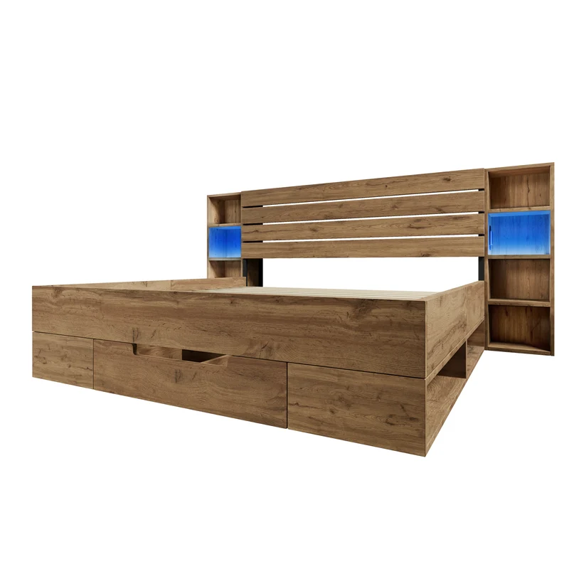 Lit double effet bois, tête de lit LED & USB et banc coffre velours vert 160x200cm RIFTZYNTHYNOR+IESSAES QUEEN