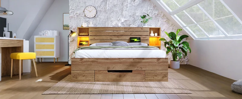 Lit double effet bois, tête de lit LED & USB et banc coffre velours vert 160x200cm RIFTZYNTHYNOR+IESSAES QUEEN