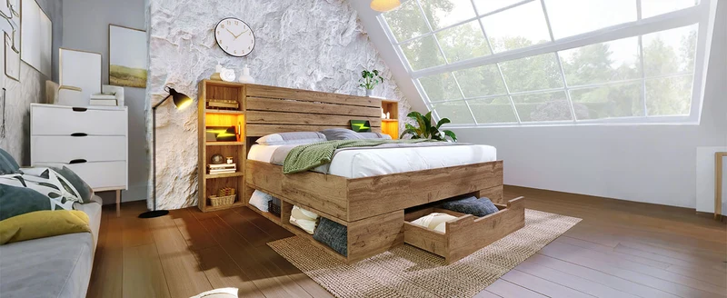 Lit double effet bois, tête de lit LED & USB et banc coffre velours vert 160x200cm RIFTZYNTHYNOR+IESSAES QUEEN