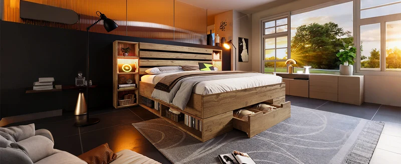 Lit double effet bois, tête de lit LED & USB et banc coffre velours vert 160x200cm RIFTZYNTHYNOR+IESSAES QUEEN