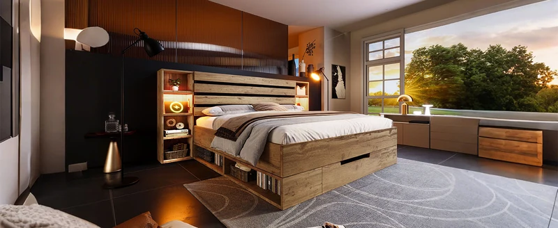 Lit double effet bois, tête de lit LED & USB et banc coffre velours vert 160x200cm RIFTZYNTHYNOR+IESSAES QUEEN