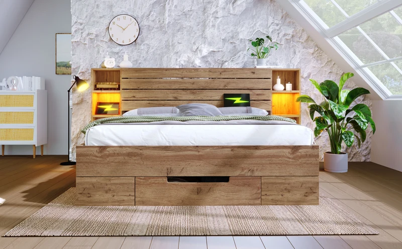 Lit double effet bois, tête de lit LED & USB et banc coffre velours vert 160x200cm RIFTZYNTHYNOR+IESSAES QUEEN