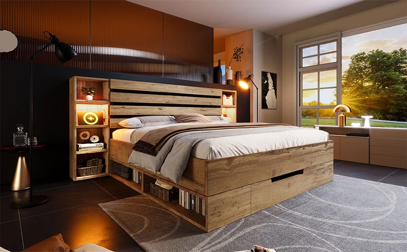Lit double effet bois, tête de lit LED & USB et banc coffre velours vert 160x200cm RIFTZYNTHYNOR+IESSAES QUEEN