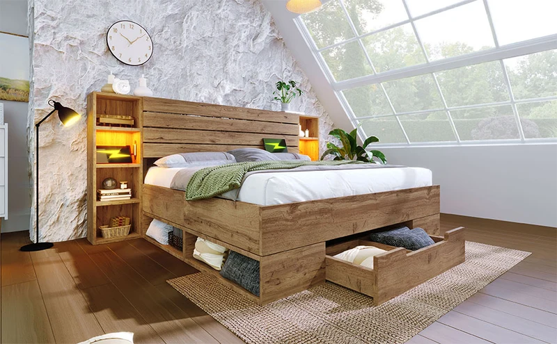 Lit double effet bois, tête de lit LED & USB et banc coffre velours vert 160x200cm RIFTZYNTHYNOR+IESSAES QUEEN