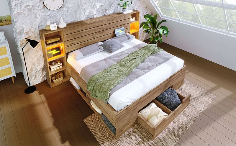Lit double effet bois, tête de lit LED & USB et banc coffre velours vert 160x200cm RIFTZYNTHYNOR+IESSAES QUEEN
