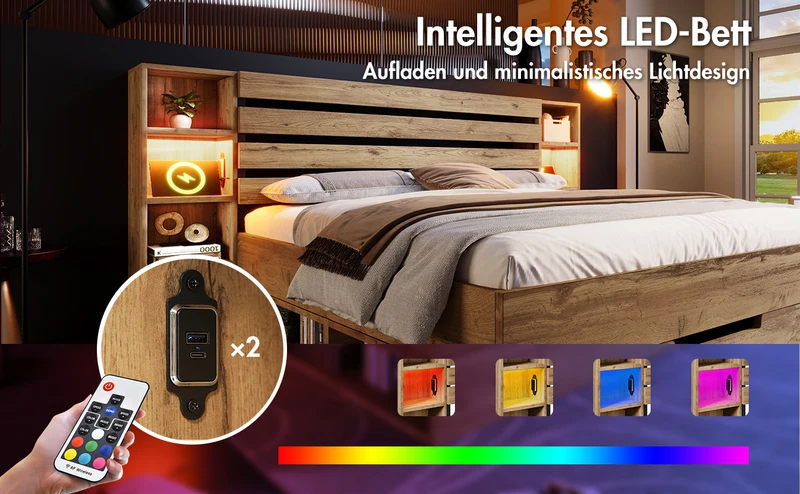 Lit double effet bois, tête de lit LED & USB et banc coffre velours vert 160x200cm RIFTZYNTHYNOR+IESSAES QUEEN