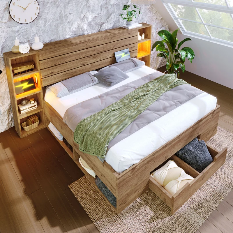 Lit double effet bois, tête de lit LED & USB et banc coffre velours vert 160x200cm RIFTZYNTHYNOR+IESSAES QUEEN