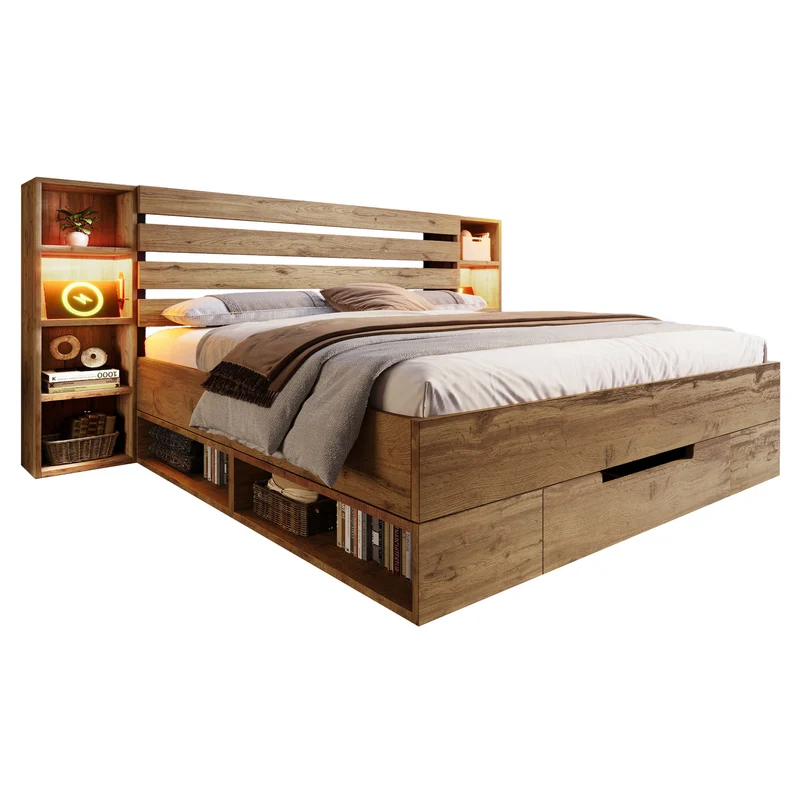 Lit double effet bois, tête de lit LED & USB et banc coffre velours vert 160x200cm RIFTZYNTHYNOR+IESSAES QUEEN