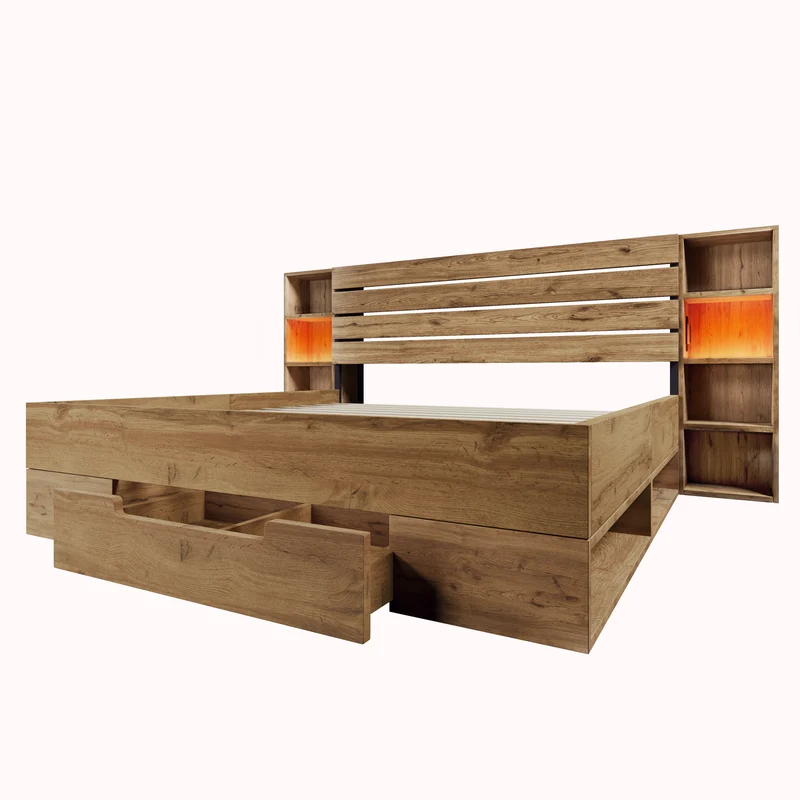 Lit double effet bois, tête de lit LED & USB et banc coffre velours vert 160x200cm RIFTZYNTHYNOR+IESSAES QUEEN