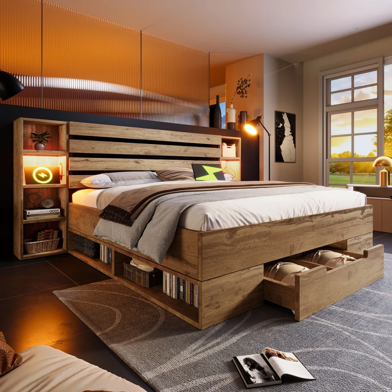 Lit double effet bois, tête de lit LED & USB et banc coffre velours vert 160x200cm RIFTZYNTHYNOR+IESSAES QUEEN