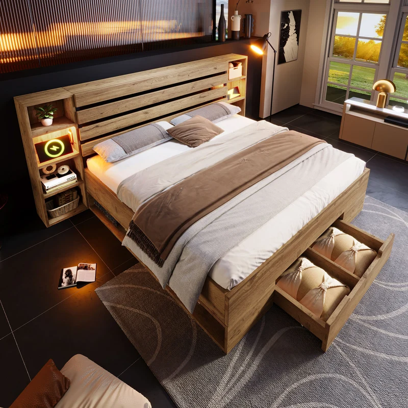 Lit double effet bois, tête de lit LED & USB et banc coffre velours vert 160x200cm RIFTZYNTHYNOR+IESSAES QUEEN