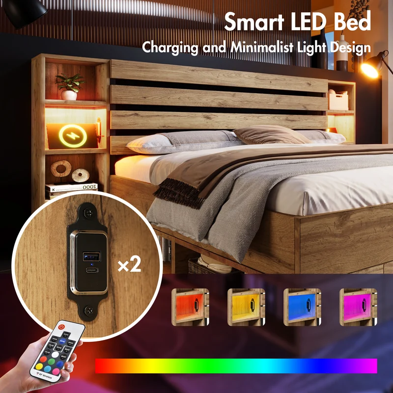Lit double effet bois, tête de lit LED & USB et banc coffre velours vert 160x200cm RIFTZYNTHYNOR+IESSAES QUEEN