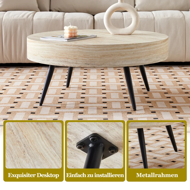 Table basse ronde effet travertin clair & pieds métal noir 70*70cm MERIDIANRIFTA