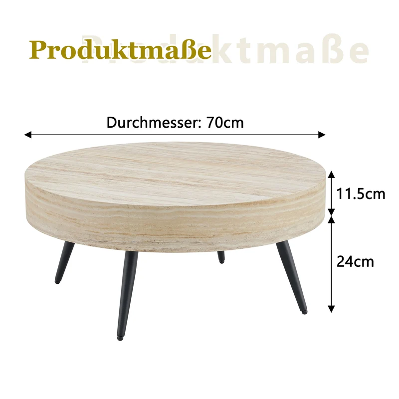 Table basse ronde effet travertin clair & pieds métal noir 70*70cm MERIDIANRIFTA