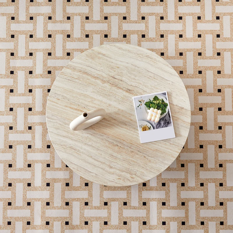 Table basse ronde effet travertin clair & pieds métal noir 70*70cm MERIDIANRIFTA