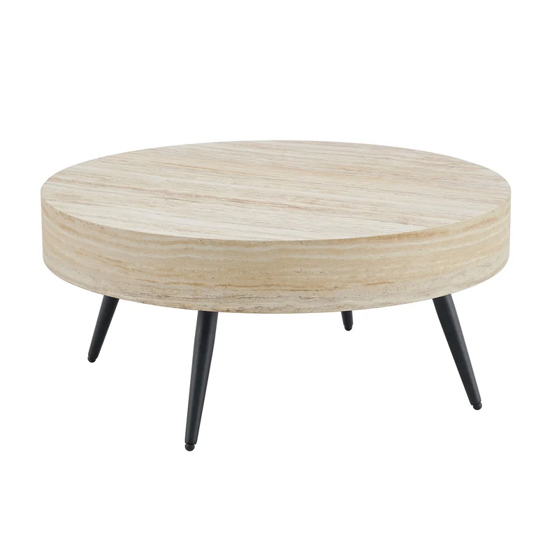 Table basse ronde effet travertin clair & pieds métal noir 70*70cm MERIDIANRIFTA