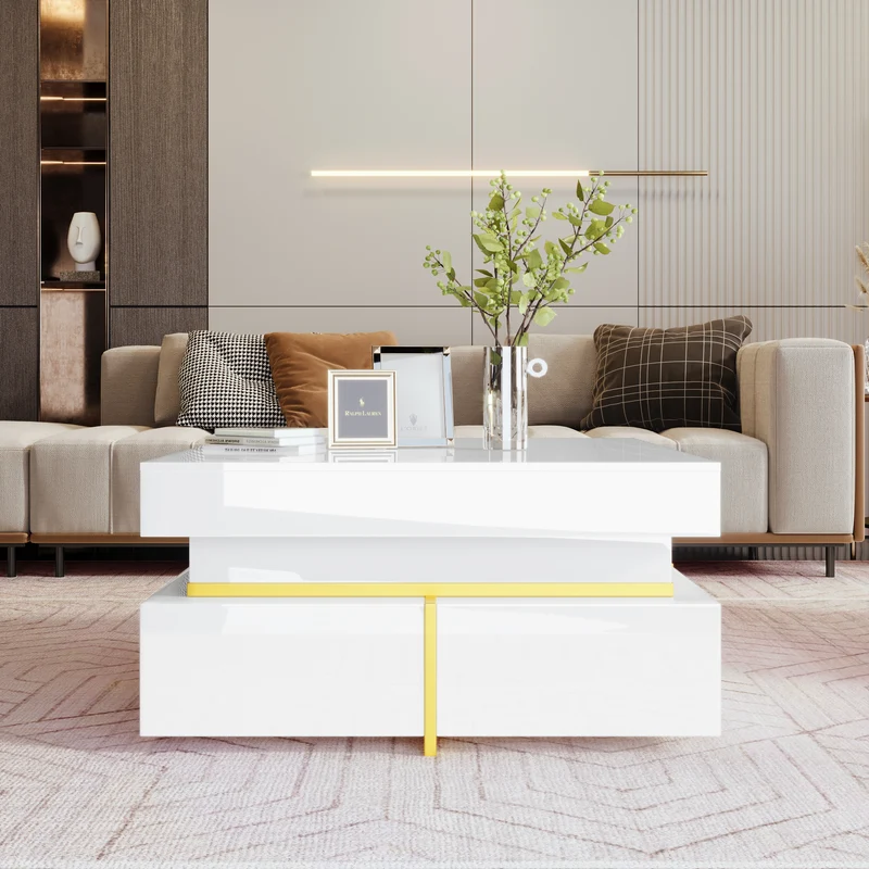 Table basse blanc brillant avec tiroirs et accents dorés 70x70cm INFINITEVEXX