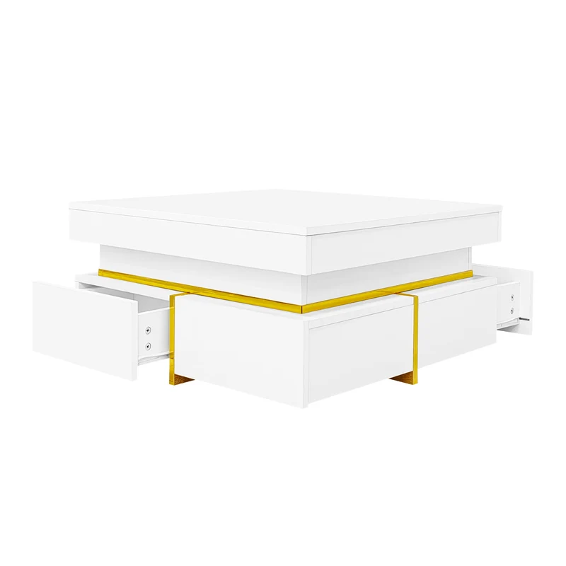 Table basse blanc brillant avec tiroirs et accents dorés 70x70cm INFINITEVEXX