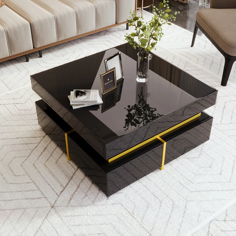 Table basse noir brillant avec 2 tiroirs et accents dorés INFINITERIFTZ