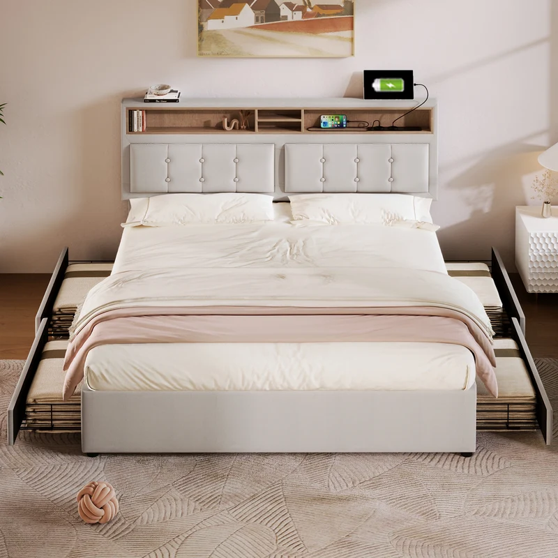 Lit double lin beige avec 4 tiroirs, rangement tête de lit et réglable, ports USB-C INFINITEQUAZX