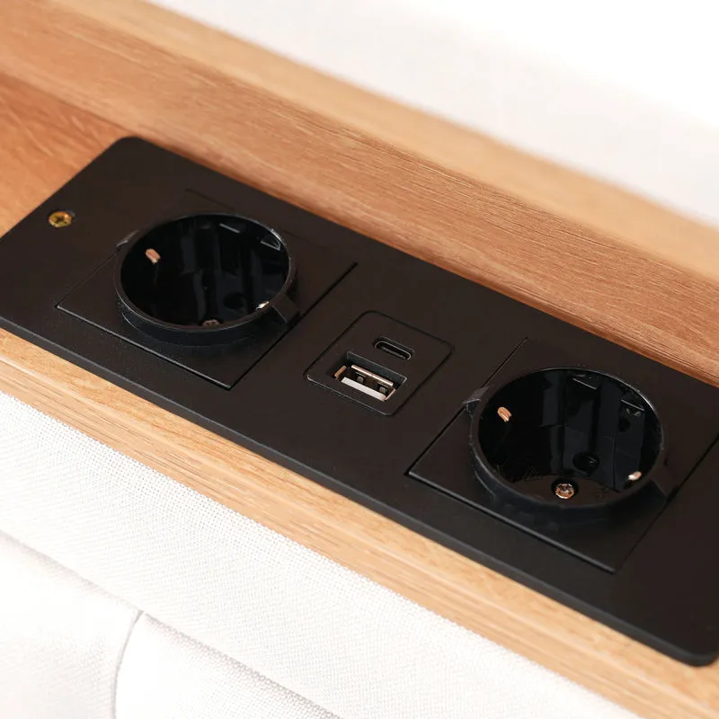 Lit double lin beige avec 4 tiroirs, rangement tête de lit et réglable, ports USB-C INFINITEQUAZX